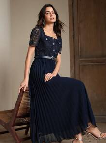 Anewsta Spitzen-Patchwork Chiffon Swing A-Linien Kleid, elegantes neues Design mit kurzen Ärmeln für Damen - marineblau - Übersicht 4