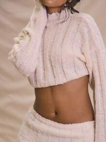 MUSERA Top corto de punto con mangas abullonadas y efecto oversize, a rayas, para primavera y verano, ideal para vacaciones y playa, con un estilo lindo, elegante y chic - Crema - Ver 4