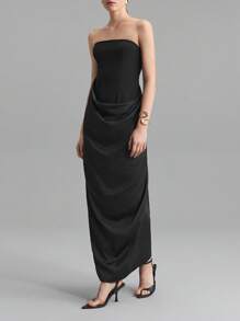 Ontre 2025 新款女士连衣裙，黑色露肩褶皱婚礼宾客礼服，雕塑感廓形女士长裙，春夏 - 黑色 - 查看 1