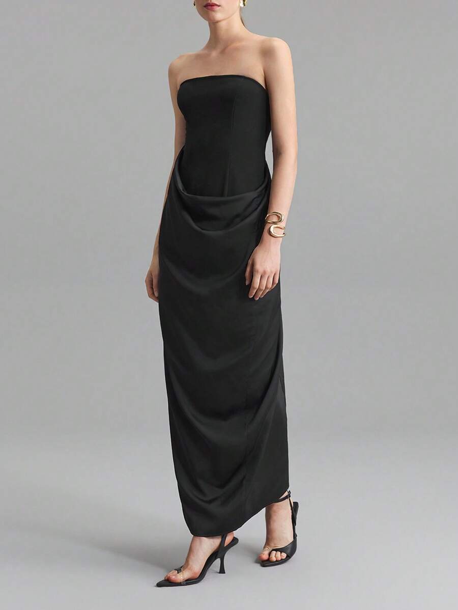Ontre 2025 新款女士连衣裙，黑色露肩褶皱婚礼宾客礼服，雕塑感廓形女士长裙，春夏 - 黑色 - 查看 1
