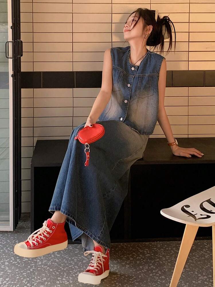 2pcs Women Denim Set: Round Neck Vest And Skirt
