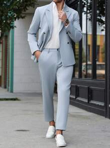 Manfinity Mode Plus Size Men's Simple & Fashionable Summer Suit - Blazer And Trousers Set - Light Grey - View 5