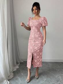 Modelyn 1 件女士方领简约时尚夏季连衣裙 - 粉色 - 查看 5