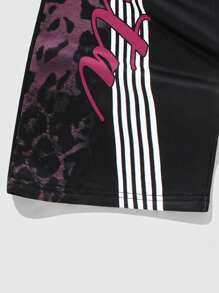ROMWE MEN Anime Pantalones de chándal holgados con cordón de cintura y estampado de letras y leopardo para hombre