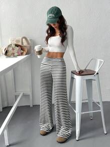 CovetEZ Women's Striped Straight Leg Loose Casual Versatile Pants Women Wide Leg Pants - Black and White - View 5