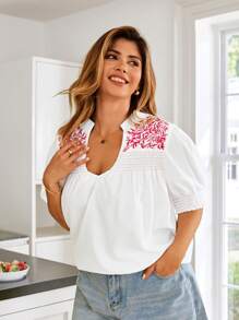 KURAYIA Plus Size Holiday Casual Embroidered Notch Collar Shirt - White - View 3