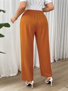 SHEIN Privé Plus Size Women Elegant Commuter Simple White Straight-Leg Pants - Rust Brown - View 3