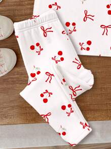 SHEIN 可爱蝴蝶结和樱桃印花，女婴休闲简约贴身圆领短袖和长裤睡衣，适合夏季 - 彩色 - 查看 6