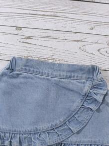 Elladie kids Young Girl' Cute Ruffled Puff Sleeve Elastic Waist Denim Jacket And Shorts 2pcs Set,Holiday,Summer,Travel Summer Holiday - Light Wash - View 5