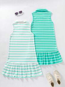 SHEIN 2pcs/Set Tween Girl Simple Striped Sleeveless Dress, School, Campus, College - Mint Green - View 2