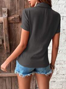 EMERY ROSE Women Short Sleeve Solid Color Shirt, Simple And Fashionable, Suitable For Summer - Grey - View 2