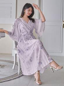 DAZY Women's V-Neck Floral Print 3/4 Sleeve Pleated Hem Elegant Dress, Fall Clothes Dress - Mauve Purple - View 8