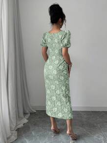 Modelyn Short Sleeve Square Neck Minimalist Dress, Fashionable For Summer - Green - View 2