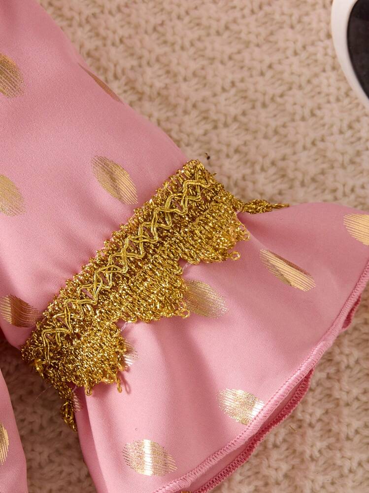 SHEIN Girls Noble Elegant Cute V-Neck Black & Gold Polka Dot Lace Mid-Sleeve Waisted Gold Waistline Dress, Casual Daily Sibling Outfits Matching Outfits (3 Pieces Sold Separately) - Pink - View 3