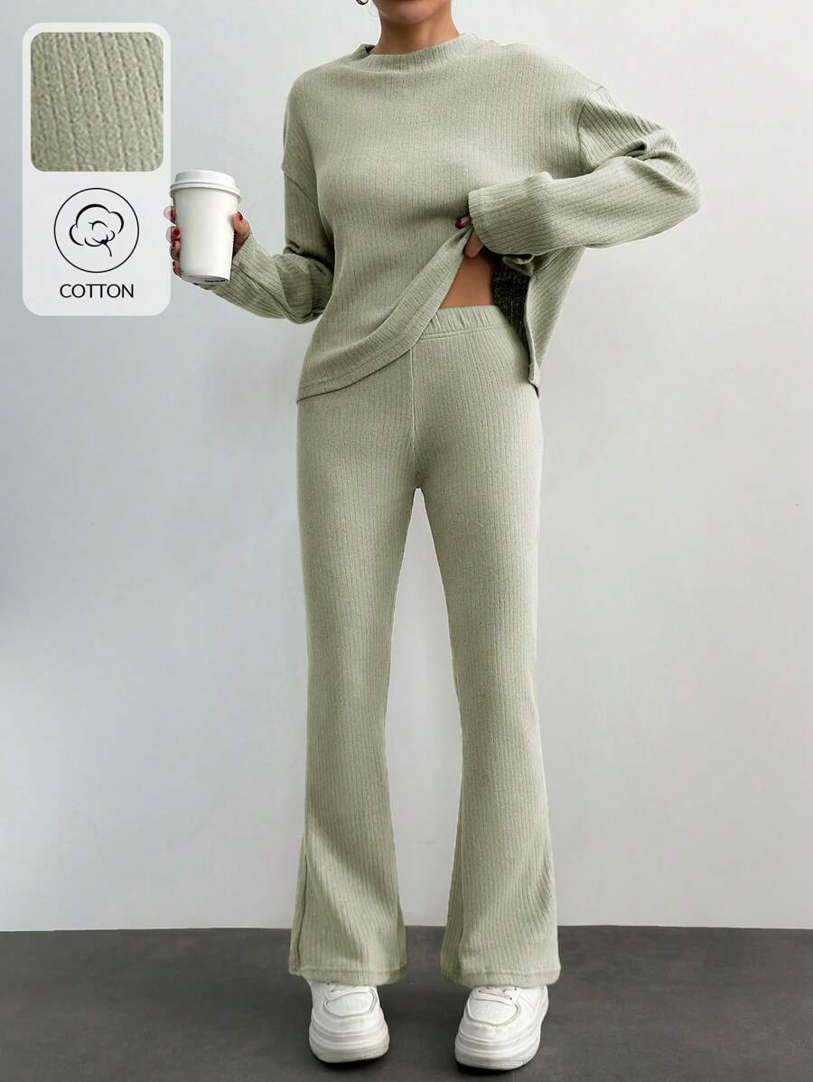 EURMUSE Mock Neck Drop Shoulder Tee & Pants - Mint Green - View 1