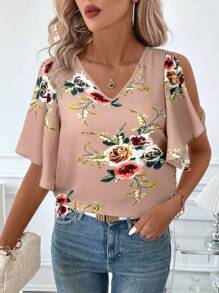 SHEIN Clasi Women's V-Neck Floral Print Ruffle Sleeve Split Blouse - Pink - View 5
