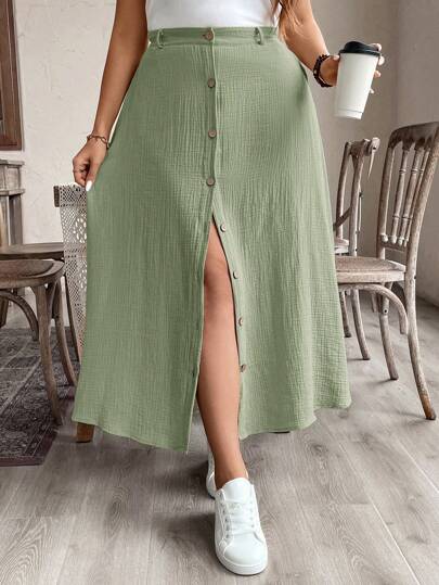 SHEIN LUNE 大码女式休闲杏色纽扣中长裙秋季舒适棉质夏季裙子