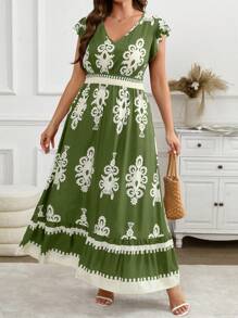 SHEIN LUNE Summer Dresses For Women Plus Size V-Neck Sleeveless All-Over Print Simple Casual Dress New Years Women Outfit Vacation Outfits Woman Summer Outfits For Women Birthday Outfits For Women Valentine Day Dress Vacation Dresses - Green - View 3