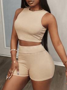 Slaydiva Setelan 2 Potong Wanita yang Stylish: Atasan Tank Crop Tanpa Lengan Rajut Bergaris dan Celana Pendek Biker Bodycon, Sempurna untuk Musim Panas - Khaki - View 5