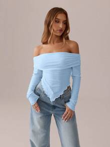 SHEIN SXY Blusa blanca; Camiseta de manga larga a pliegues asimétrica blanca sólida, otoño/primavera; Camiseta ajustada de punto off-shoulder para mujer; Adecuado para citas; Salida diaria - Azul - Ver 4