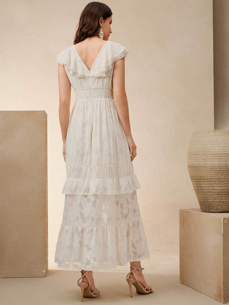 Women's Jacquard Ruffle Hem Elegant Vacation Dress, Suitable For Spring, Summer, Weddings, Graduations