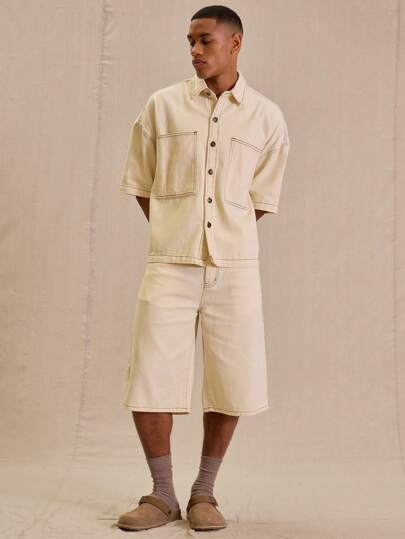 Musero Oversized Longline Contrast Stitch Denim Shorts Spring Summer
