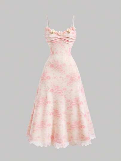 SHEIN MOD Pink 3D Floral Dip Dye Fitted Long Dress,Elegant,Flowy Dress,Boho,Vintage,Mesh Dress,Goth,Fairy Dress,Floral Dress,Brunch Dress,Sundress,Summer Dress, Women Evening Gown, Summer/ Summer Outfits For Women,Country Concert Outfits Women,Vacation Dresses, Music Festival, Going Out