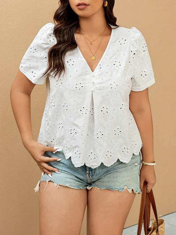 Elaquor Plus Size Women Vacation Tie Dye Embroidery V-Neck Puff Sleeve Blouse