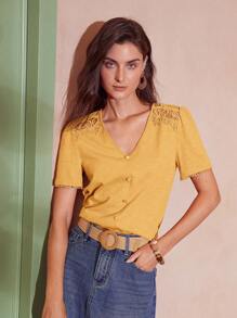 MOTF PREMIUM CAMISETA DE ENCAJE GUIPUR DE CONTRASTE - Amarillo - Ver 7