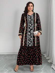 Al Najma Plus Size Women Floral Print Patchwork Ribbon V-Neck Long Sleeve Dress - Multicolor - View 3