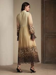 Anewsta Vacation Vibe Leopard Gradient Print Pleated Women Dress - Coffee Brown - View 2