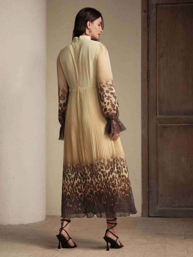 Vacation Vibe Leopard Gradient Print Pleated Women Dress