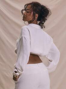 MUSERA Off-White Long Sleeve V Neck Button Up Oversized Cropped Shirt,Autumn Seksi Chic Vacation Elegant Soft Serve Beach Holiday Ibiza Back To School Fall - White - View 3