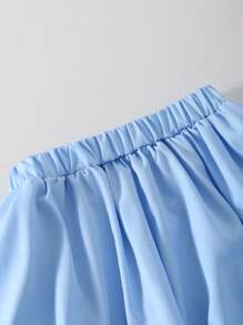 Girls Cute Sweet Round Neck Fitted Check Bow Short Sleeve T-Shirt And Short Solid Color Lantern Hem Skirt 2pcs Set - Blue - View 3