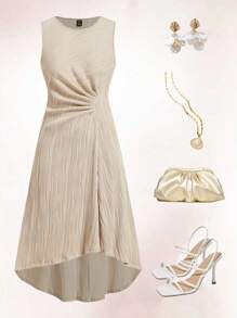 Ellevyn Robe élégante pour femmes à col rond sans manches, à motif jacquard texturé, avec ourlet asymétrique mi-long, couleur abricot, robe d'été/printemps pour les vacances