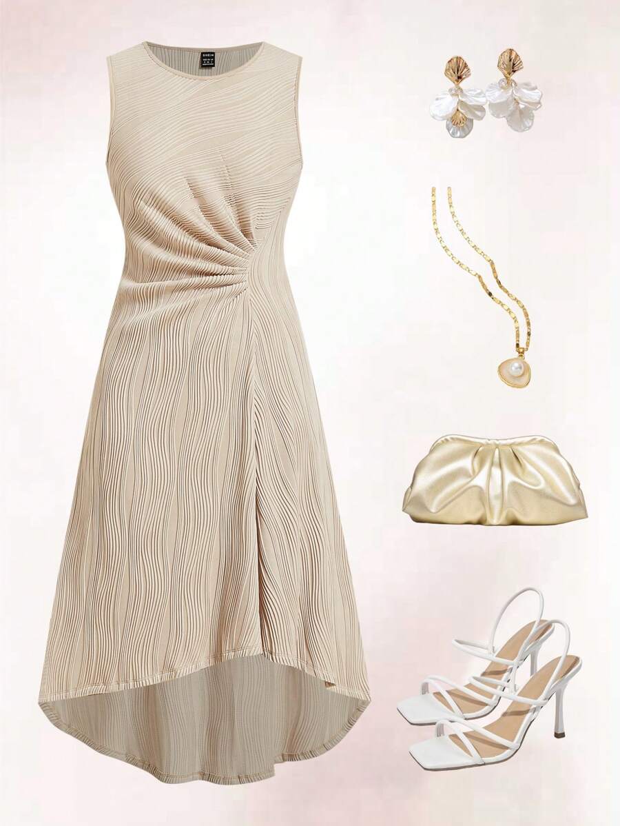 Ellevyn Robe élégante pour femmes à col rond sans manches, à motif jacquard texturé, avec ourlet asymétrique mi-long, couleur abricot, robe d'été/printemps pour les vacances