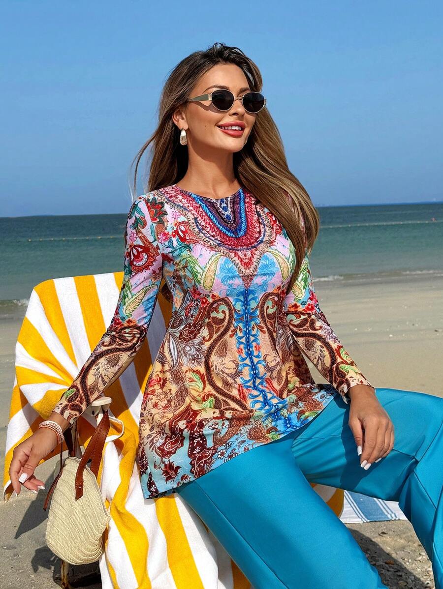 Swim Mulvari Women's Elegant Resort Beach Positioning Print Round Neck Long Sleeve Swimsuit And Solid Color Long Pants Swimsuit Set - Multicolor - View 1