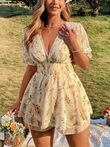 SHEIN LUNE Plus Size V-Neck Short Sleeve Chiffon Printed Jumpsuit, Vacation Style - Apricot - View 4