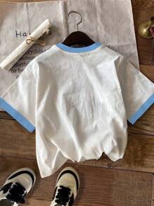 SHEIN Leap Crew Tween Girl Casual Cute Sea Blue Letter Graphic Short Sleeve Crew Neck T-Shirt, Suitable For Summer - Multicolor - View 2