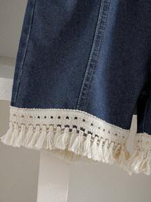 SHEIN Leap Crew 2 件套女童休闲简约舒适圆领盖袖 T 恤和牛仔短裤套装