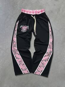 PAVTROS Men's Side Stripe Drawstring Waist Loose Wide Leg Sweatpants, Streetwear, For Rave - Black - View 7