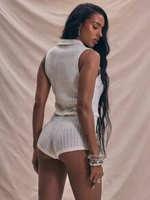 MUSERA 罗纹针织无袖腰部细节领口修身连体裤休闲夏季度假节日机场穿搭秋季约会之夜蓬松舒适纽扣细节热裤奶油色新娘单身派对婚礼告别单身派对春季婚礼派对复活节 - 白色 - 查看 3