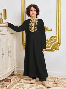 Tween Boy Patterned Collar Long Sleeve Shirt - Black - View 1