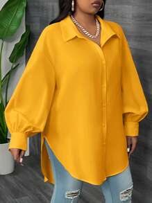 SHEIN CURVE+ Blusa de manga farol talla grande, primavera playa para mujer, vacaciones en la playa, esenciales de playa, graduación, fiesta de té - Amarillo - Ver 4