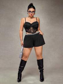 SHEIN ICON Plus Size High Waist Rhinestone Decorated Shorts With Pockets