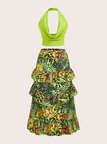SHEIN SXY Conjunto de top halter de unicolor y minifalda, estilo de moda minimalista para uso diario casual, ropa de verano para mujer, conjunto de dos piezas, verde, atuendo de vacaciones para mujer, conjuntos de primavera para mujer, sexy, estampado de leopardo, atuendo de crucero para mujer, conjunto de dos piezas de vacaciones, ropa de resort para mujer, atuendos de Ibiza, vacaciones de primavera