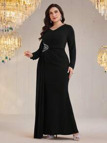 Modelyn Đầm thanh lịch cổ chữ V tay dài đính đá trang trí eo cỡ lớn cho nữ - màu đen - Xem 4