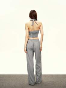 Rina Fox 2pcs/Set Commuter Gray & White Bowknot Halter Backless Top And Contrast Ruffled Waist Wide Leg Pants Set For Women - Grey - View 5