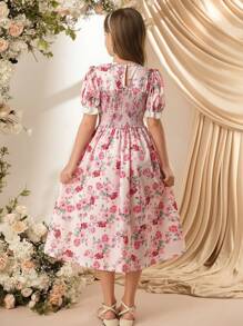 SHEIN Elladie kids 女孩青少年白色蕾丝领短袖花朵印花收腰荷叶边下摆连衣裙 - 彩色 - 查看 9