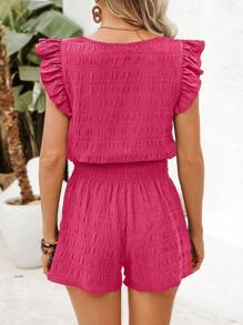 SHEIN VCAY 2pcs/Set Women Vacation Square Neck Cap Sleeve Shirt And Shorts Set - Hot Pink - View 2